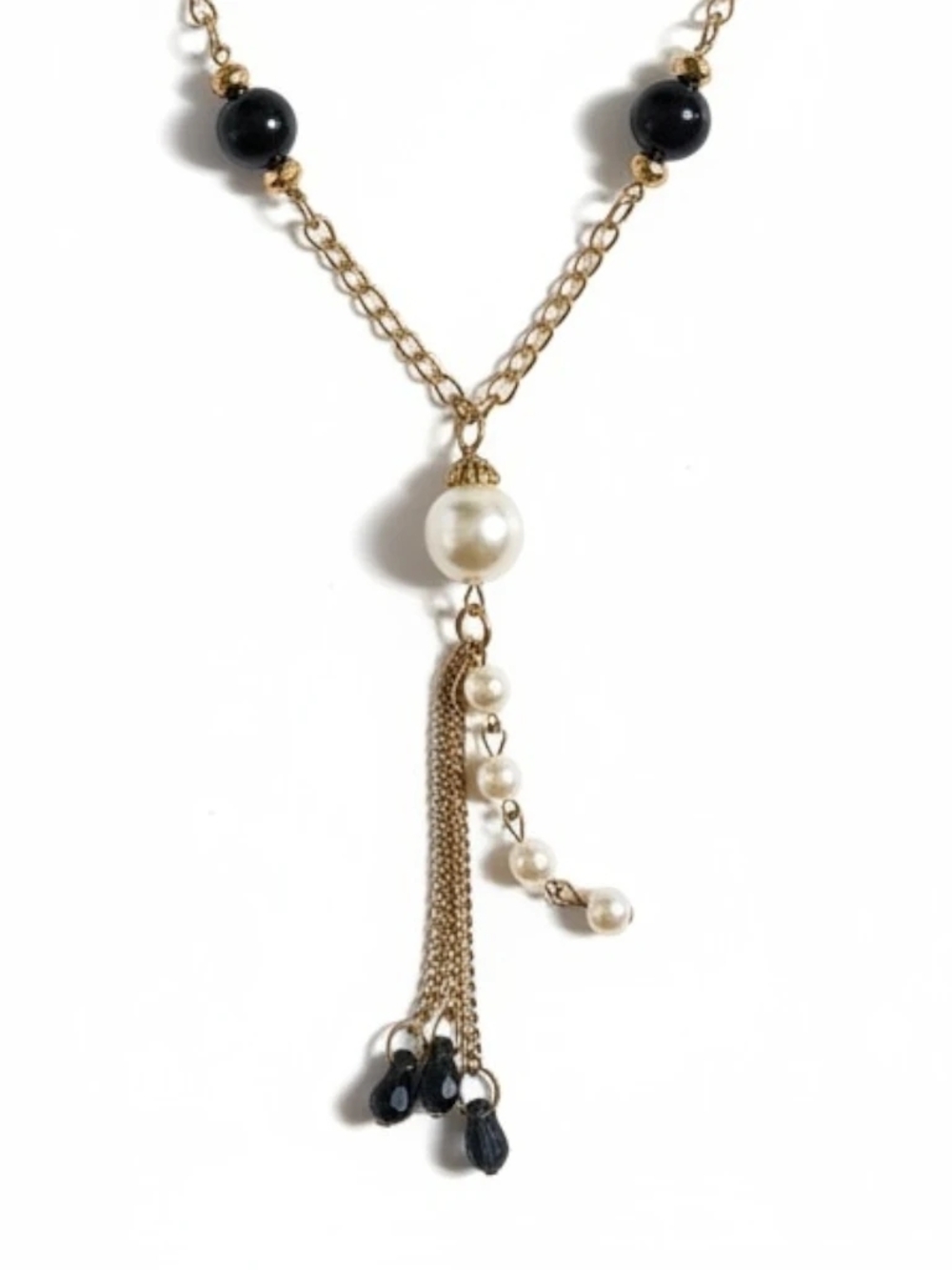 Women's Elegant Gold-Tone Long Necklace with Black Bead & Faux Pearl Tassels - Picture 4 of 4
